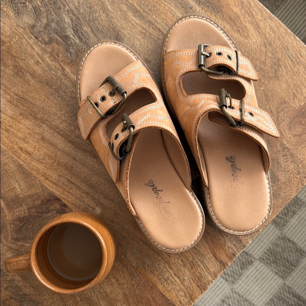 Free People Tan Double Buckle Clogs